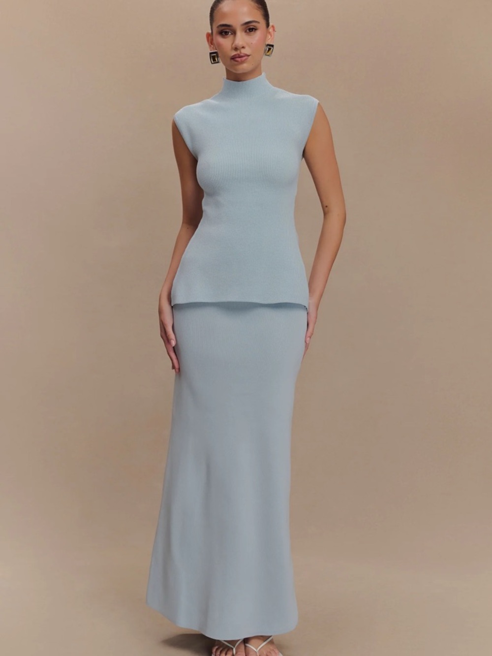 Meshki Maxine Mock Neck Knit Top & Maxi Skirt Set - Light Blue